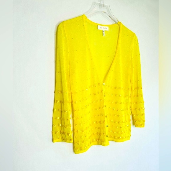 ESCADA Mesh Sequined Beaded Sheer Knit Bright Yellow Cardigan Sweater Size 38 - Picture 3 of 15
